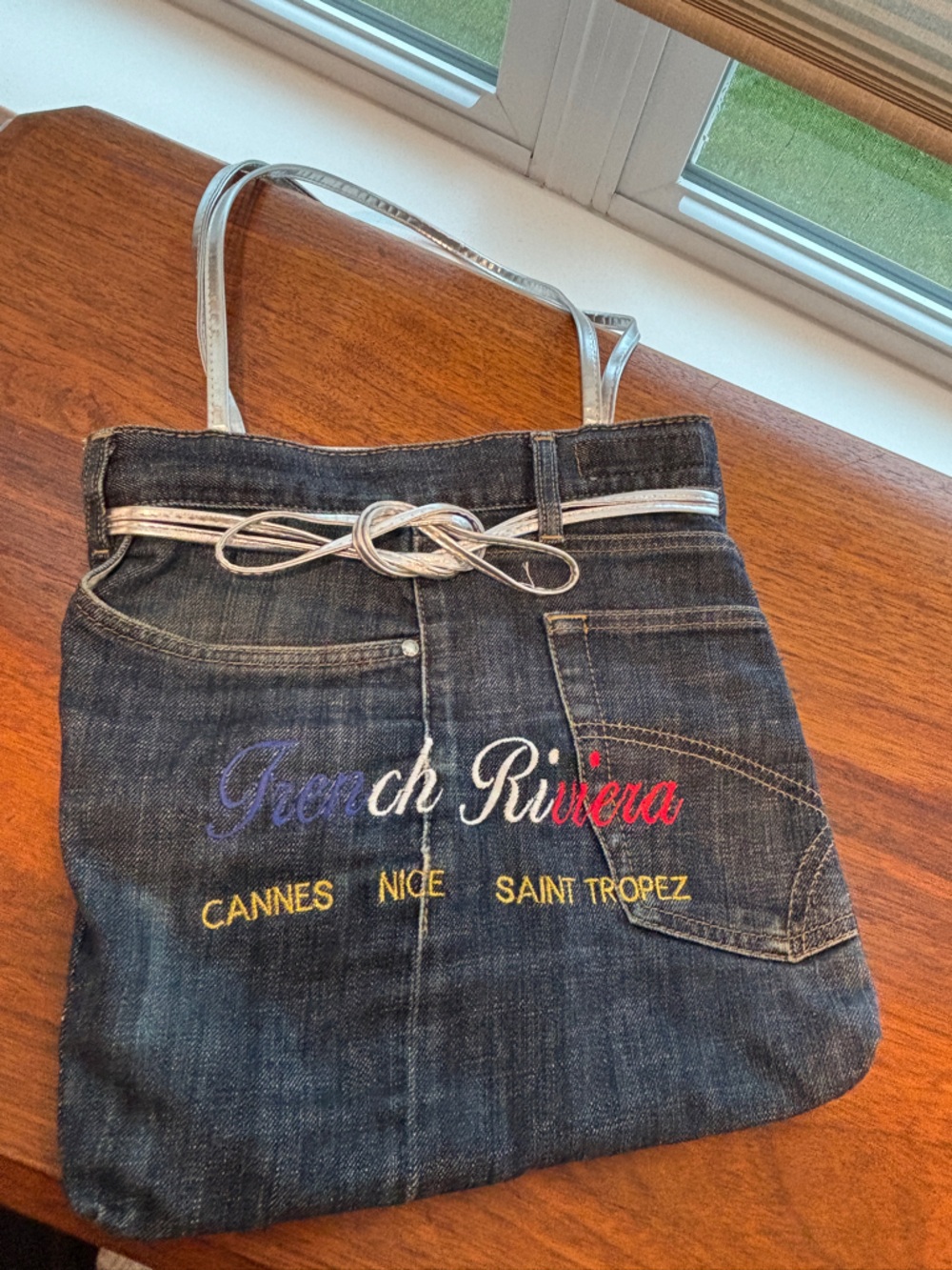 Denim 'French Riviera' Embroidered Tote with Silver Straps